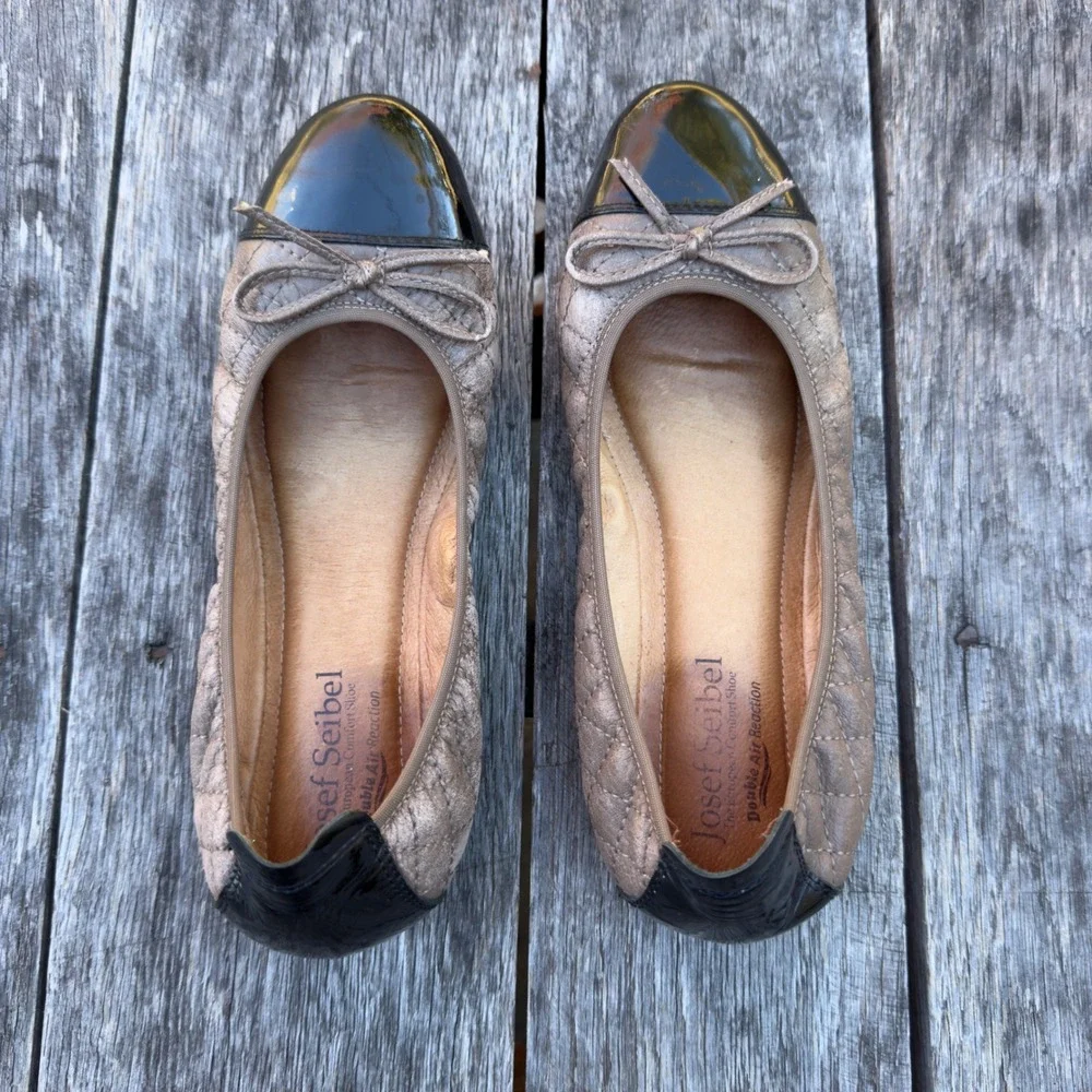 Josef‎ Seibel Pippa Quilted Ballet Flats Women Taupe Cap Toe Bow EU 38/ US 7-7.5